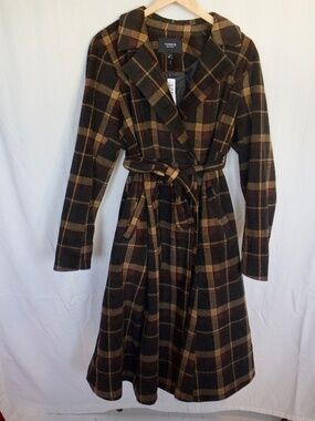 Melton Plaid Tie Front Coat